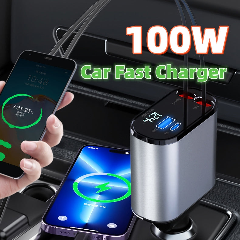 i-Tech® | 4 in 1 Retractable Car Charger ⚡Lightning Fast Charging USB & Type-C Adapter