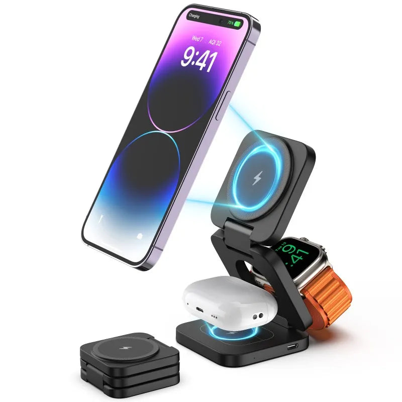Foldable 3 in 1 Magnetic Hold Charging Station for Apple,For iPhone 15/14/13/12 Pro/Max,5W for Apple Watch, AirPods 3/2/Pro