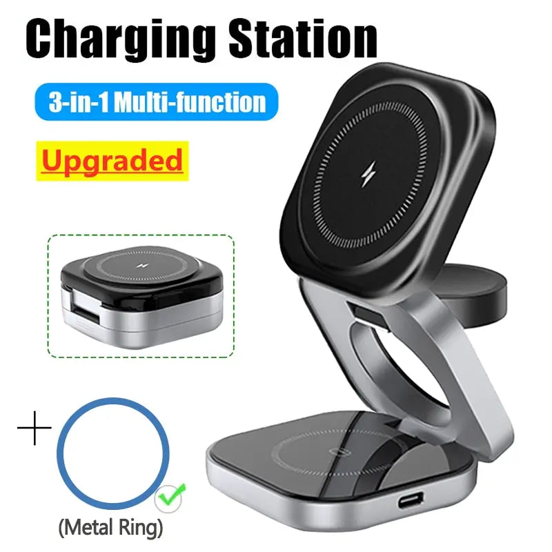 3 In 1 Foldable Magnetic Wireless Charger Stand For iPhone 15 14 13 Pro Max IWatch AirPods 3/2 Station Dock Fast Charging Holder